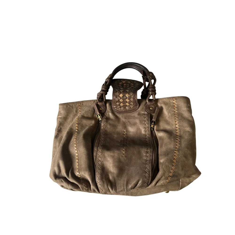 Isabella Fiore Vintage Woven Leather Tote Hobo Bag Tan Brown Western KC